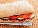 Рецепта Чабата сандвич с луканка, сирене ементал, домат и краставица